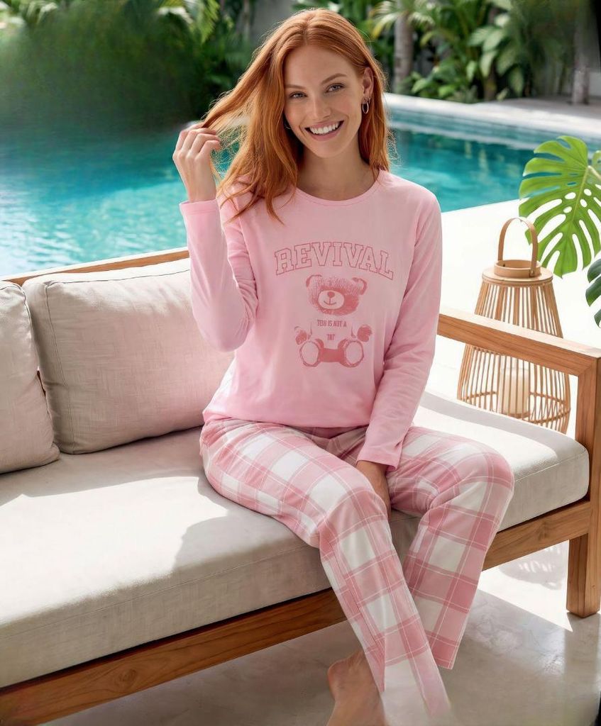 Damen Pyjama Schlafanzug Hellrosa M Lang 2-Teiler Set L-62 Produktbild 
