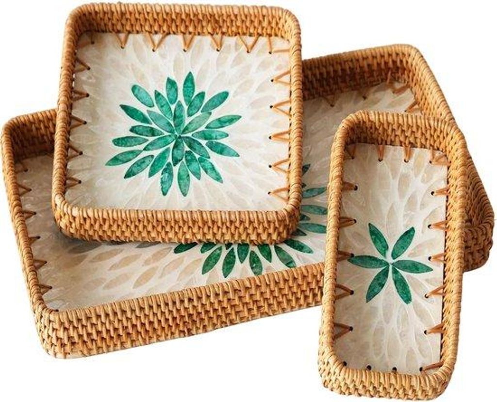 Dreiviertelrunde 15 Zoll Rattan-geflochtene Servierschalen mit Handgriffen, Boho Rattan-Salon-Tischdekoration, handgefertigte Servierschalen