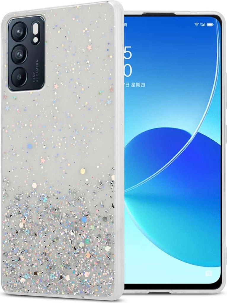 Cadorabo Hülle für Oppo Reno6 5G in Transparent mit Glitter Schutzhülle aus flexiblem TPU Silikon mit funkelnden Glitter Case Cover Etui Handy H...