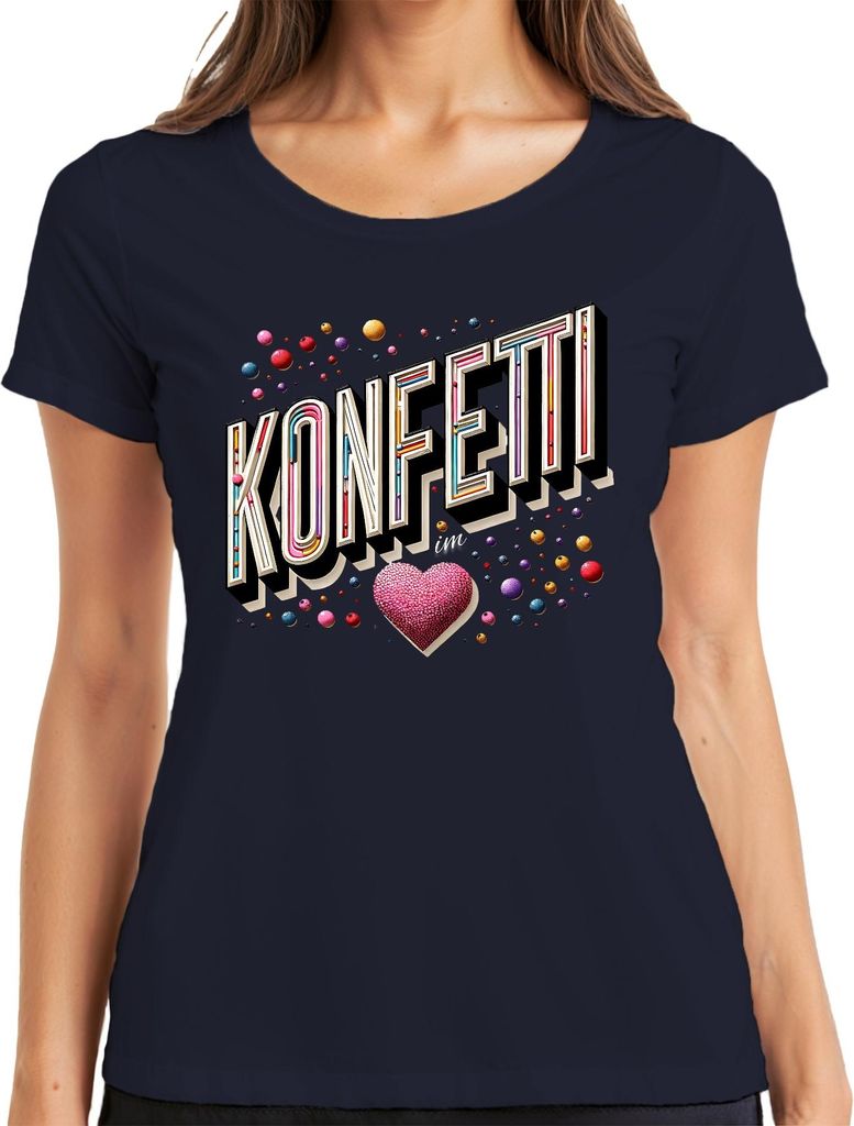 KONFETTI Herz bunte Kugeln Party Karneval Feier Fasching Köln Damen T-Shirt, Navy, M