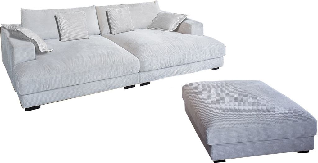 KAWOLA Big Sofa MADELINE Cord cremeweiß mit Hocker und 4 Zierkissen