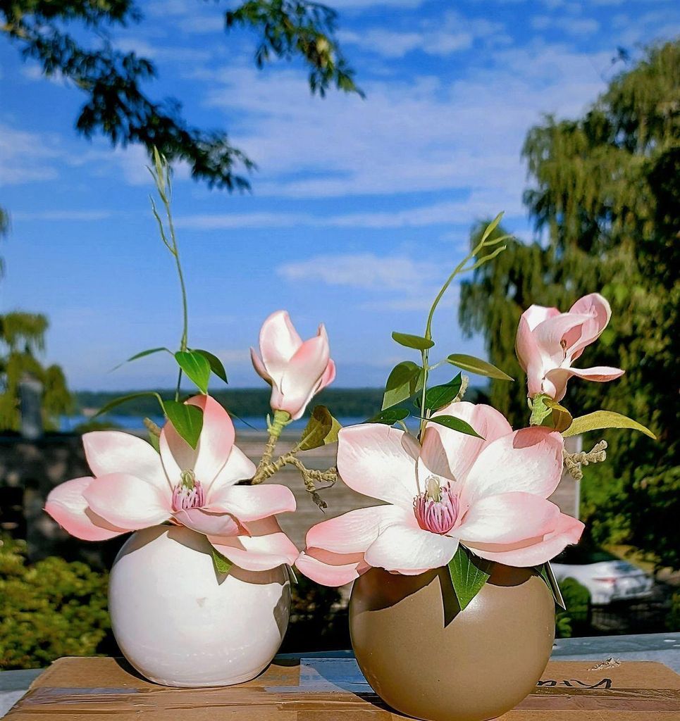 artplants.de Deko Blume Magnolie FEMI im beigen Keramiktopf, Aprikose, 20cm, Ø17cm - Künstliche Magnolienblüte