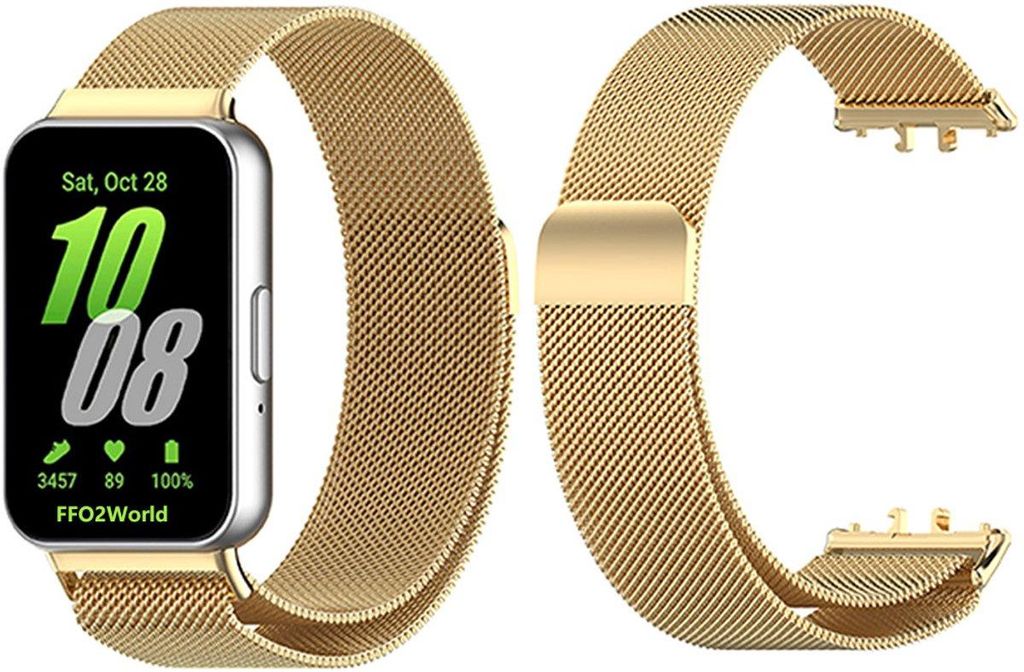 FFO2World Edelstahl-Milanese-Armband, passend für Samsung Galaxy Fit 3 – Milanaise-Armband mit Magnetverschluss – Gold