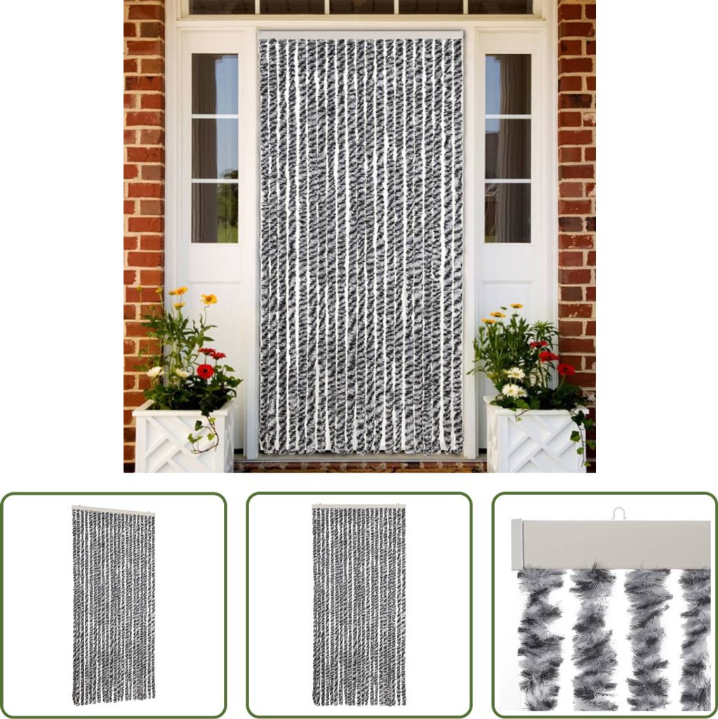 The Living Store Fliegenvorhang Grau, Schwarz und Weiß 90x220 cm Chenille