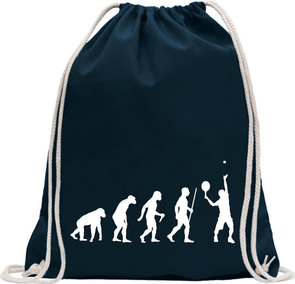 Kiwistar - Turnbeutel - dunkelblau - Tennisspieler Evolution - Fun Rucksack Sport Beutel Gymsack Baumwolle mit Ziehgurt