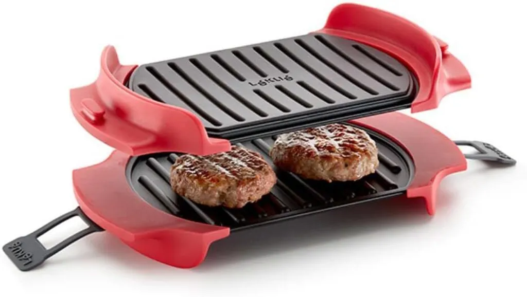 Gril Lékué rouge en silicone et aluminium avec plaques antiadhésives