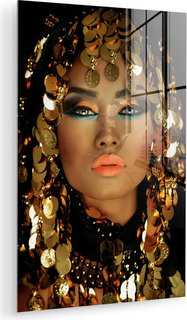 MuchoWow Glasbilder - Bilder auf Wandbild - Foto auf Glas Frau - Kleopatra - Gold - Schmuck - Make-up - Luxus 80x120 cm Wanddekoration aus Glas - A...