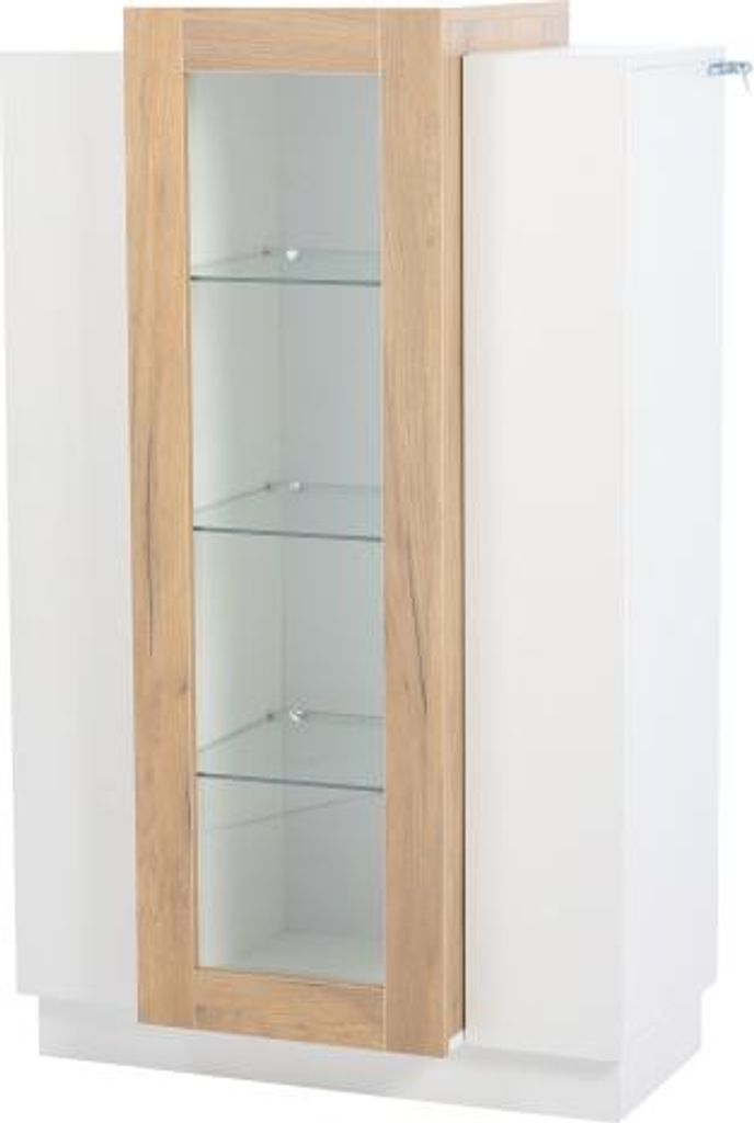 Wohnzimmerschrank 74x40x120cm 3 transparenten Tueren Vitrine Hochglanz LED Buecherschrank Glasablagen und Schublade Standvitrine Weiss+Naturbelassen