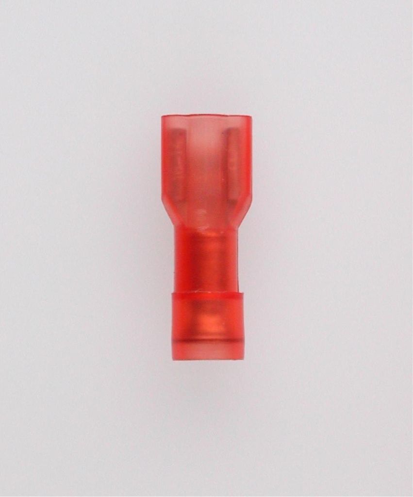 Flachsteckhülsen, Steckgröße 4,8 x 0,8mm vollisoliert, mit Isolationscrimp Querschnitt 0,5mm² - 1,5mm² rot, transparent