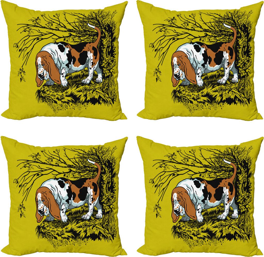 ABAKUHAUS Basset Kissenbezug Set (4 Stück), Jagdhund Woods, Moderner Doppelseitiger Digitaldruck, 50 cm x 50 cm, Gelb, Grün, Grau