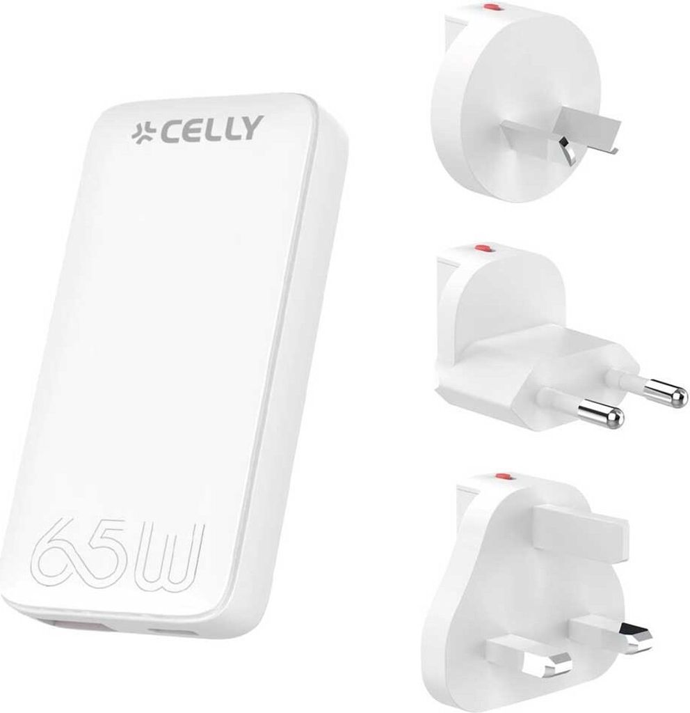 Celly TCTRAVELUNI65W - Ladegerät universal de Reiseladegerät, Schnellladung mit GaN-Technologie, platzsparende Mehrfachsteckdose, USB-C und USB-A...
