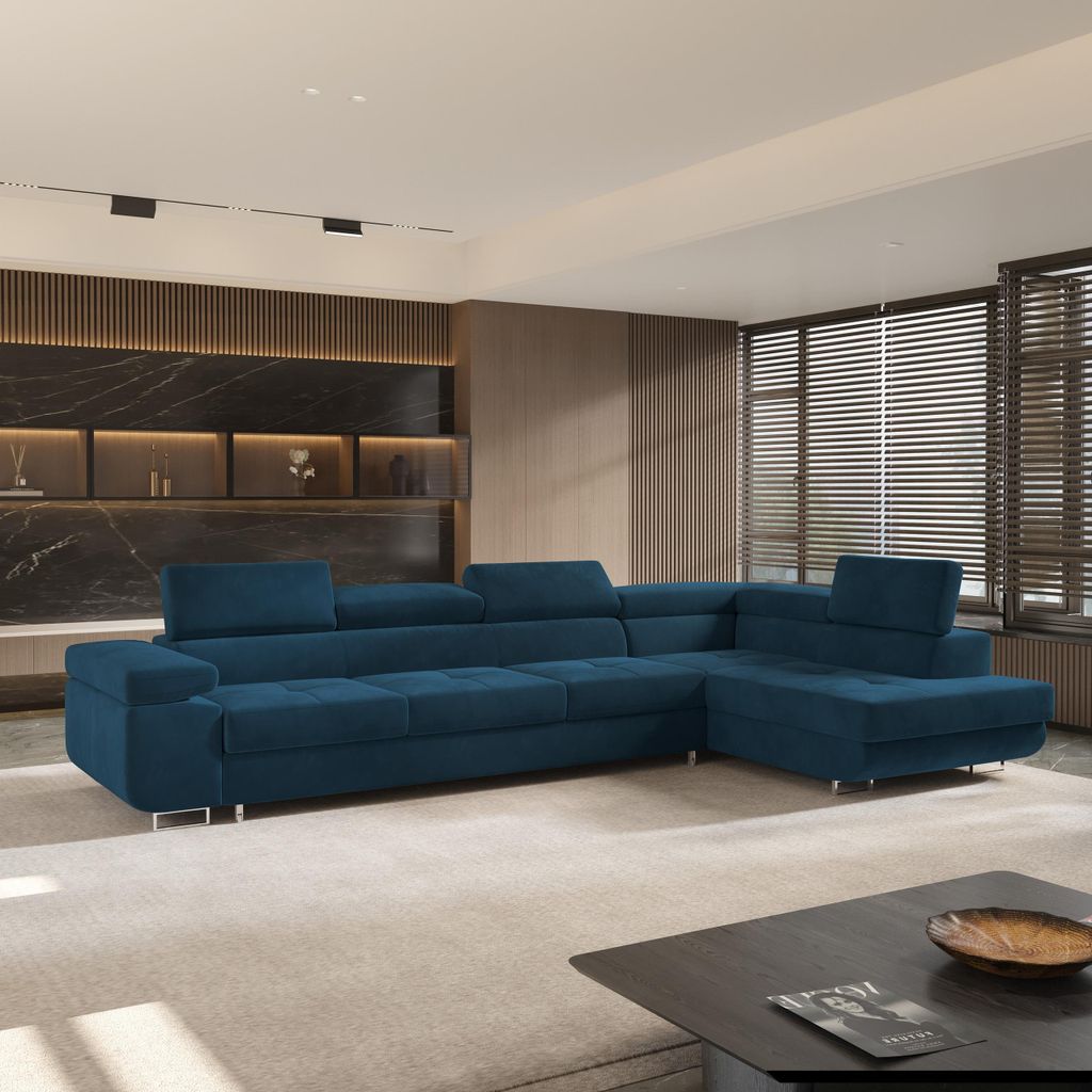 Masseno Ecksofa VICENTE mit Schlaffunktion L-Form, Sofa mit Bettkasten, Wohnzimmersofa, Couch, Soffa, Bettsofa, Couchgarnitur- Blau, MONOLITH 77