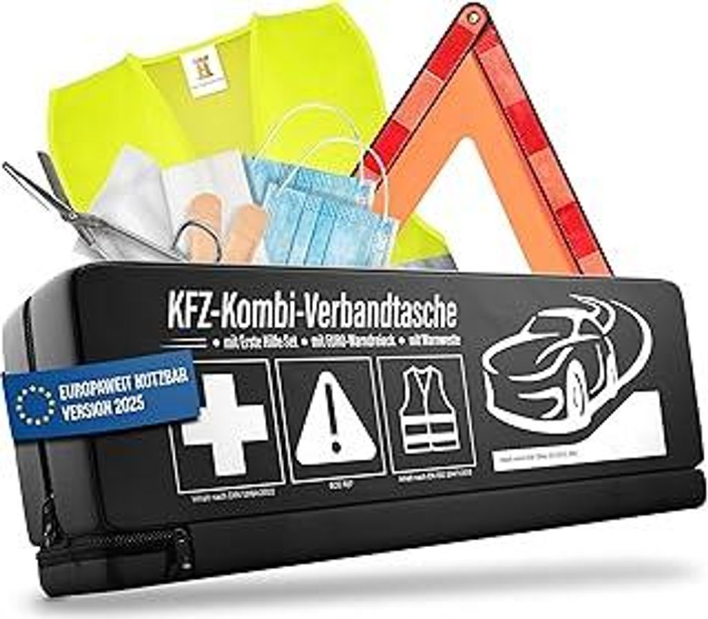 HELDENWERK 3 in 1 Erste Hilfe Set Auto 2026 europaweit einsetzbar & (StVO konform) I KFZ Kombitasche mit Warnweste, Warndreieck & Verbandkasten I ...