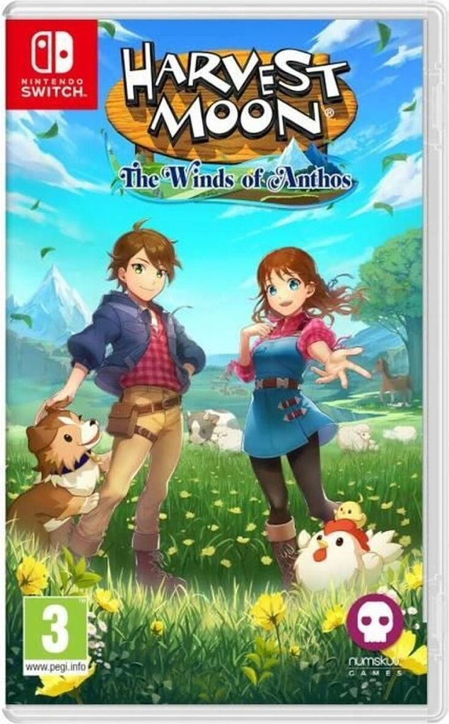 The image shows the game box for Harvest Moon: The Winds of Anthos, featuring two characters, a dog, and farm animals in a grassy field.