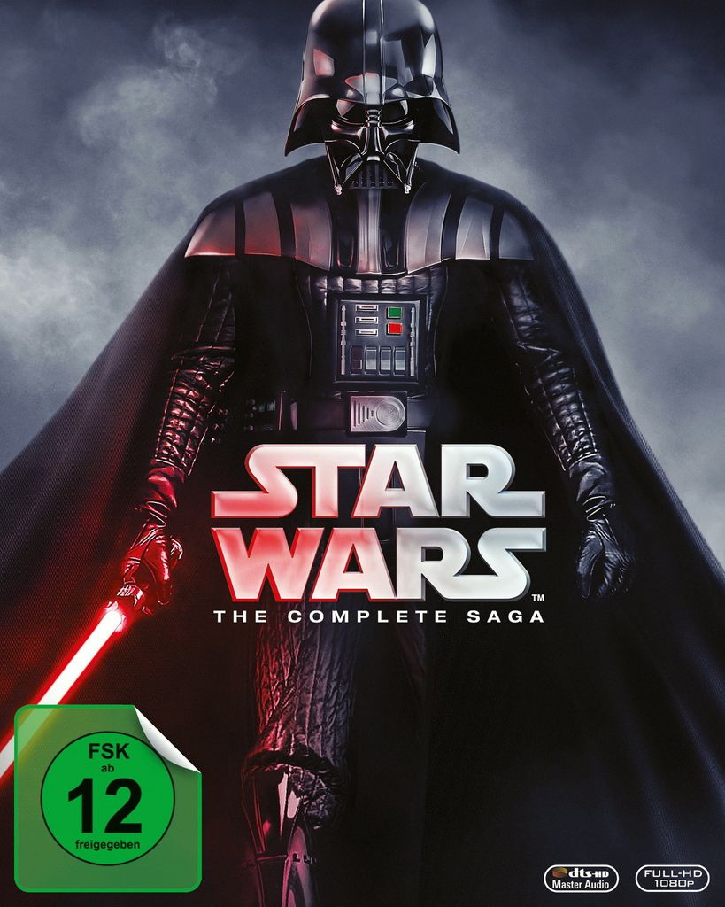 Darth Vader from Star Wars on a dark, smoky background, with the "Star Wars: The Complete Saga" title and FSK 12 rating prominently displayed.