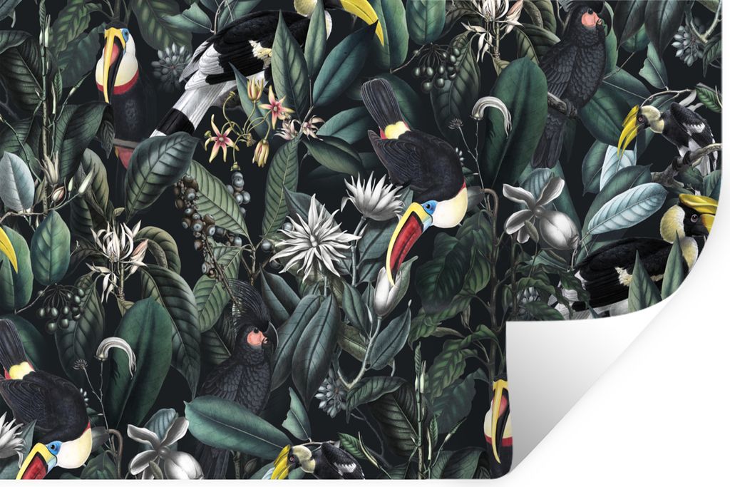 MuchoWow Wandtattoo Wandsticker Wandaufkleber Blumen - Tukan - Blätter 90x60 cm Selbstklebend und Repositionierbar - Aufkleber