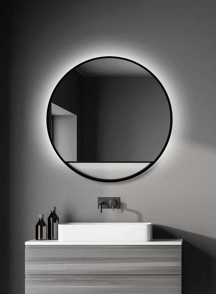 Wandspiegel rund Talos Black Hole Light Matt Ø 80 cm - Badspiegel mit indirekter Beleuchtung - Lichtspiegel mit Lichtfarbe neutralweiß - hochwer...