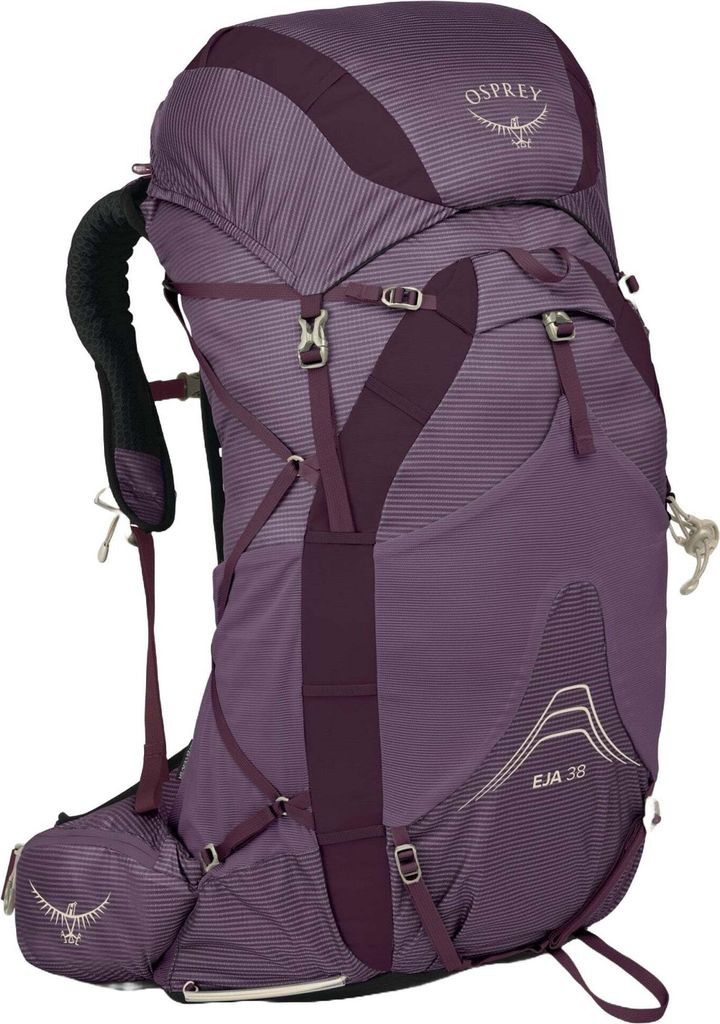 A purple trekking backpack shown from the side against a white background.