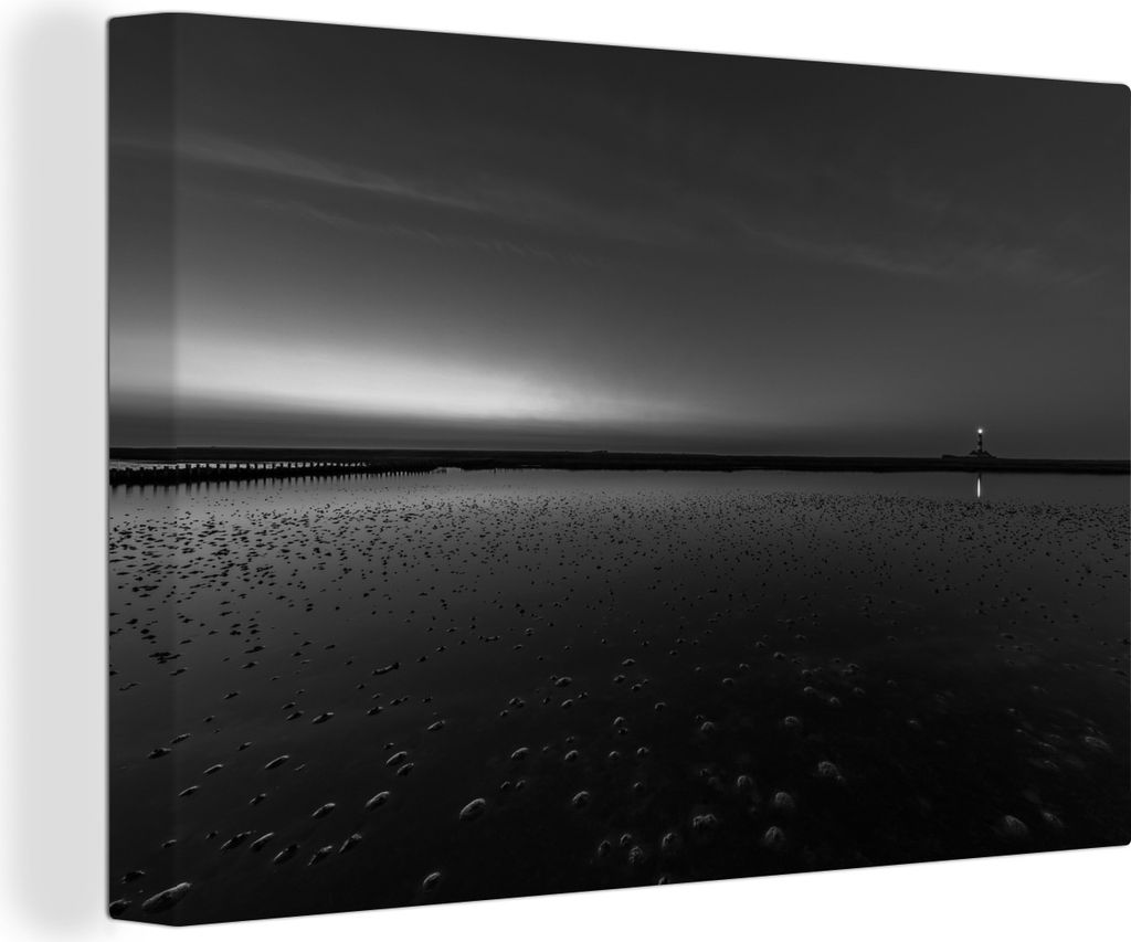 OneMillionCanvasses - Leinwandbilder - 150x100 cm, Wattenmeer - Leuchtturm - Schwarz - Weiß, Wandbilder Kunstdruck Wanddekoration