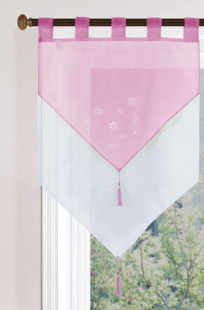 A pink and white voile window curtain hanging on a curtain rod.