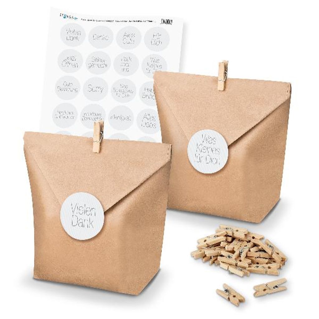 itenga SET Geschenktüten Sprüche Schlicht Hell (Motiv 69) 24 x Tüten + Klammern
