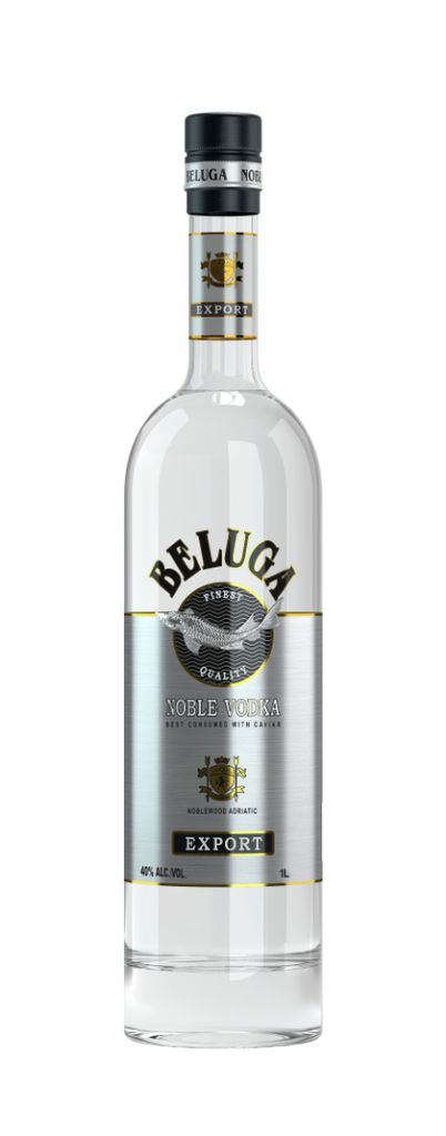 A clear, professional studio shot of a bottle of Beluga Noble Vodka.