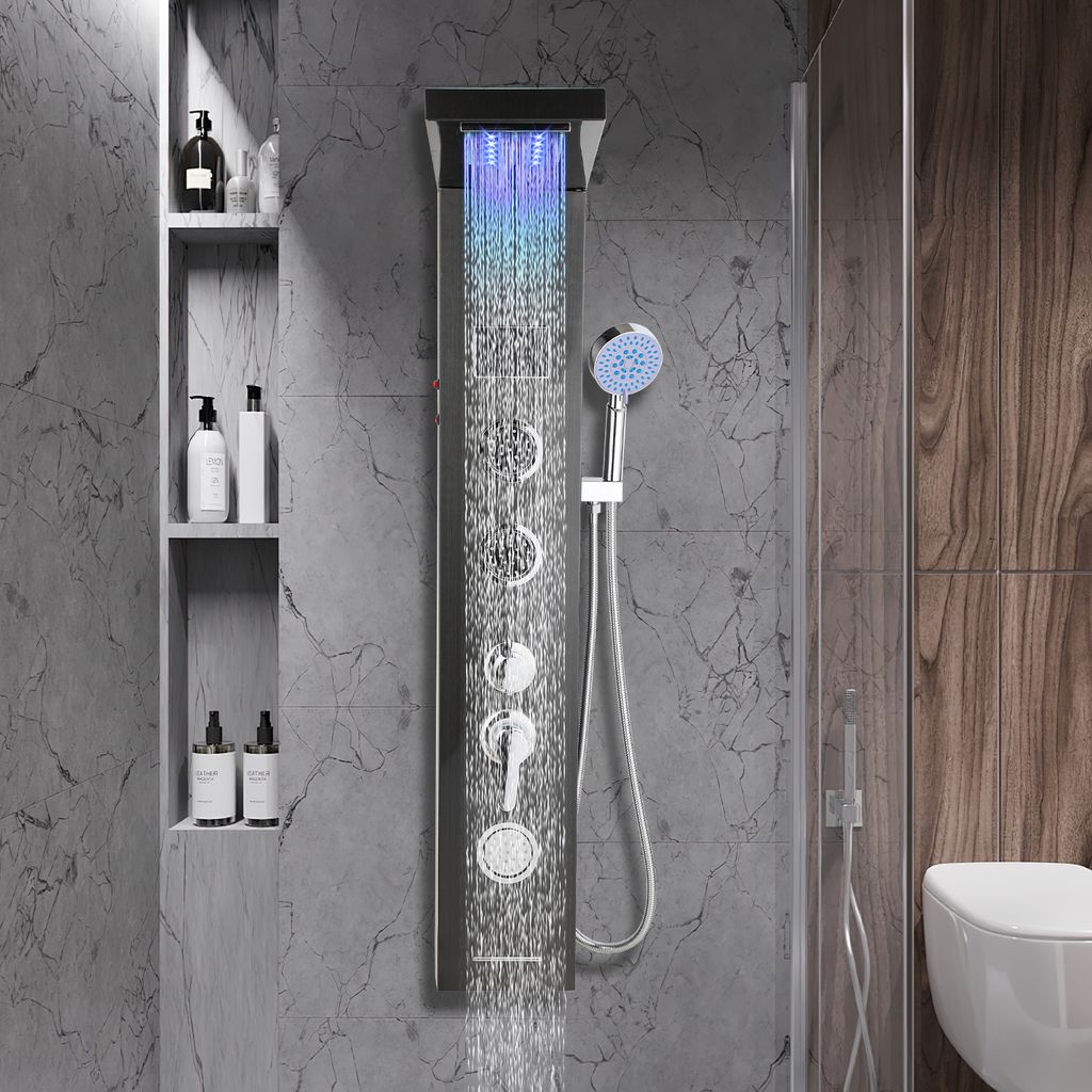 Hengda Duschpaneel für Badezimmer Hydromassagen Duschsystem Regendusche Multifunktionales Duschpaneel 5 große Massagedüsen Duschsäule, Schwarz