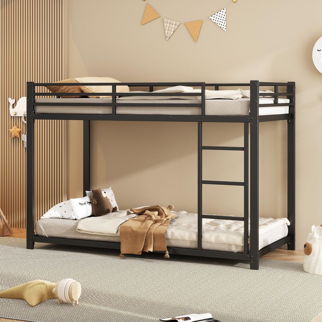 Merax Etagenbett 90x200 cm, Metall Stockbett mit Sicherem Geländer, Klassischer Minimalismus Kinderbett, Jugendbett, Schwarz