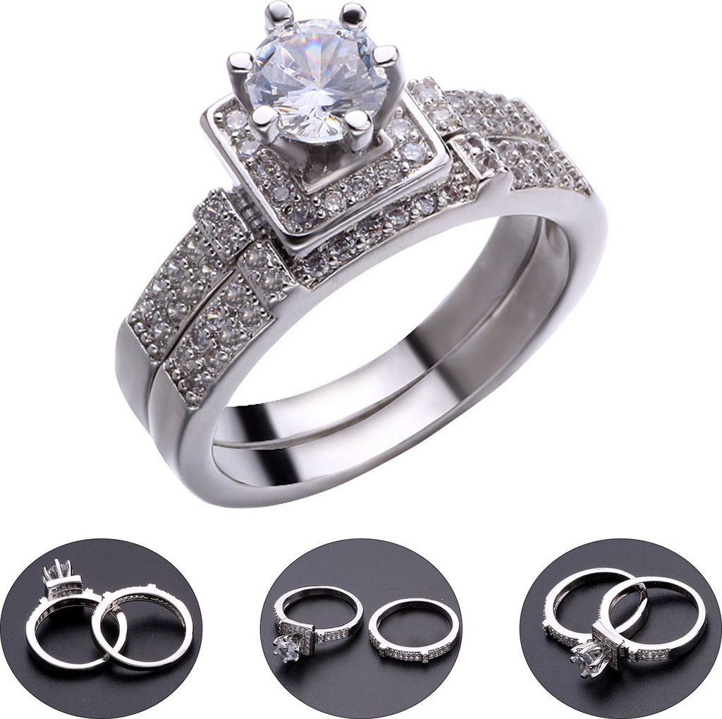 Paar Paar-Ringe, geometrischer Strass-Schmuck, exquisite helle Glanzringe für Hochzeit-Silber,US 8