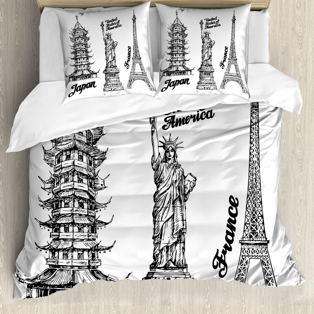 ABAKUHAUS Eiffelturm Bettbezug, Japan Paris Gebäude, Milbensicher Allergiker geeignet mit Kissenbezügen, 155 cm x 220 cm - 80 x 80 cm, Weiß schwarz