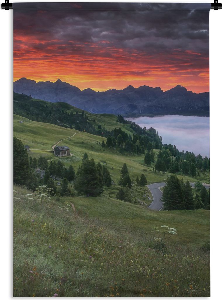 MuchoWow Wandteppich Wandbehang Gras - Berge - Abend 90x135 cm Tapisserie Dekoration Wandtuch - Baumwolle - Wandskulptur