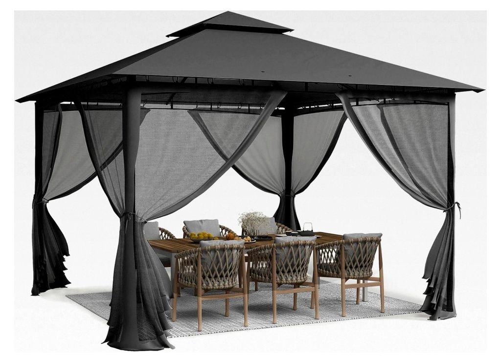 Pavillon 2,75x2,75m wasserdicht und stabil, Winterfest, Gartenpavillon mit Doppeldach, Moskitonetz und Metallrahmen, Doppeldach Gartenlaube für Ga...
