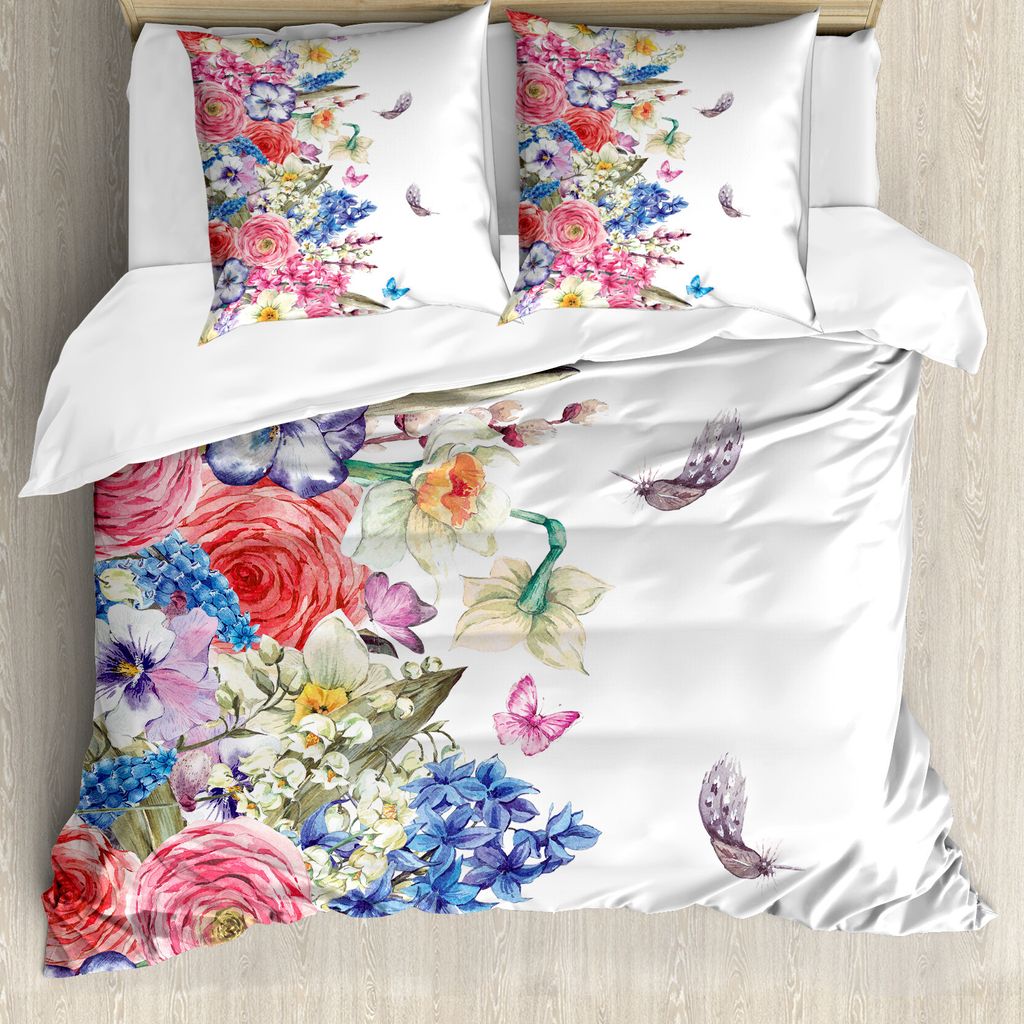 ABAKUHAUS Jahrgang Bettbezugs Set Für Doppelbetten, Lebhafte Blumen Natur, Milbensicher Allergiker geeignet mit Kissenbezügen, Rosa Blau