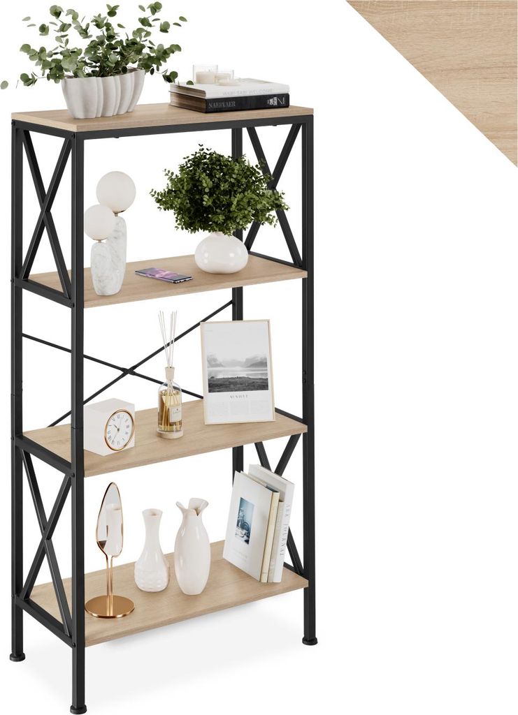 A four-tier shelf unit with decorative items on each shelf.