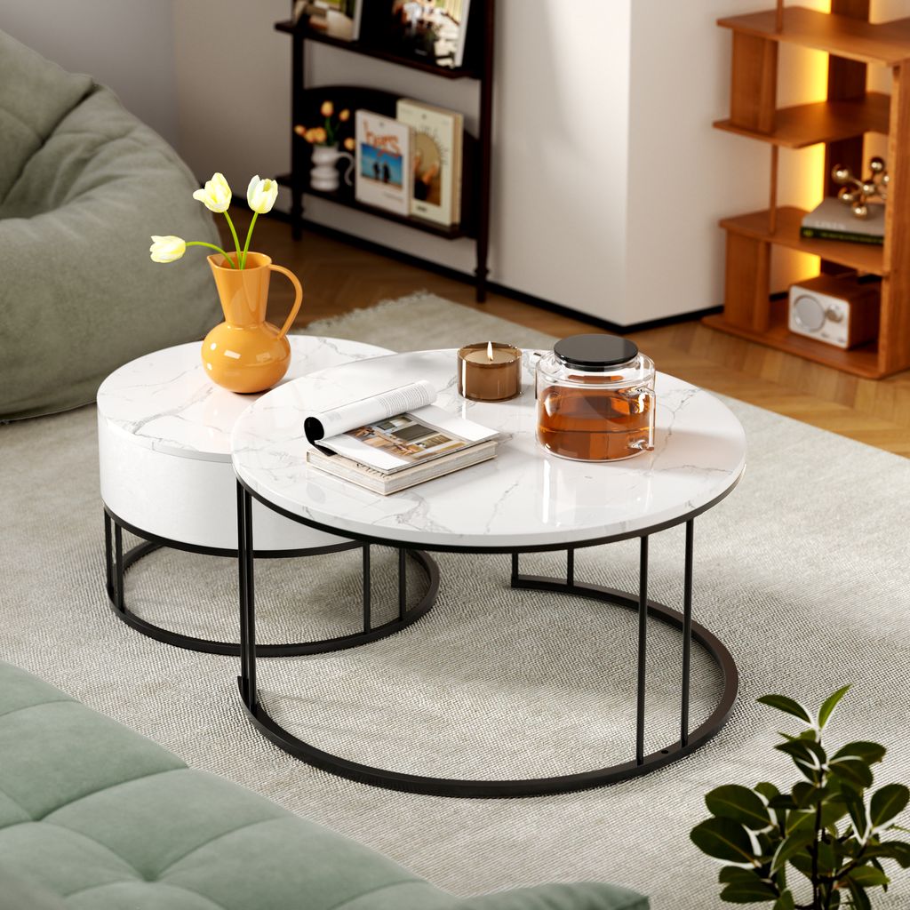 Okwish Couchtisch Set 2er Rund - Moderne Beistelltische Mit Stauraum