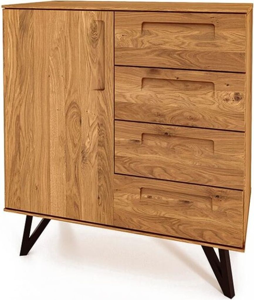 Kommode Rolo aus Wildeiche massiv 91x45x100 mit 1 Tür 4 Schubladen Metallbeinen