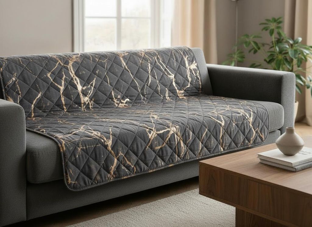 A quilted throw with a marble pattern is draped over a gray sofa in a living room setting.