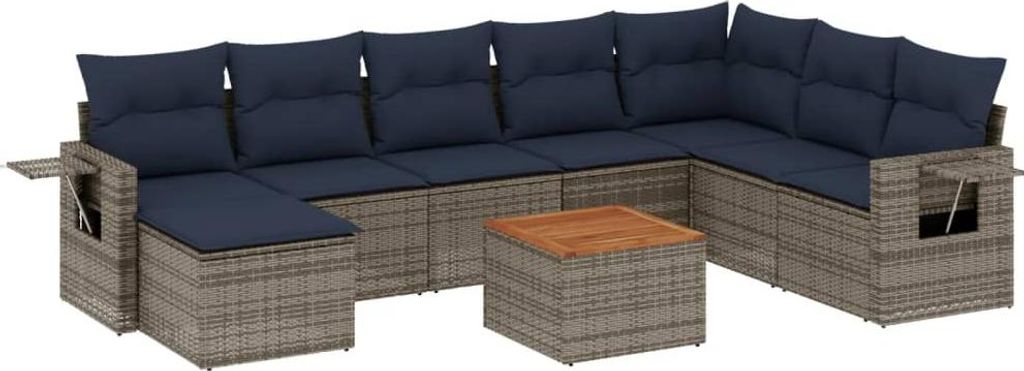 9-teiliges Gartensofa-Set mit Kissen, grau, Polyrattan