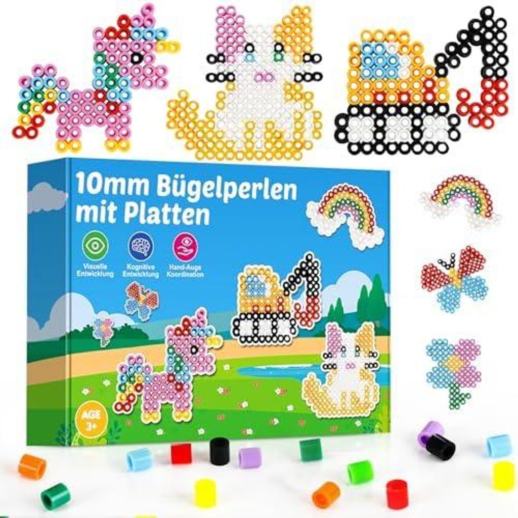 Bügelperlen Set Groß 10mm - Komplettset mit 2 Bügelplatten, Vorlagen für Kinder ab 3 Jahre - Extra Große Perlen für Kleinkinder