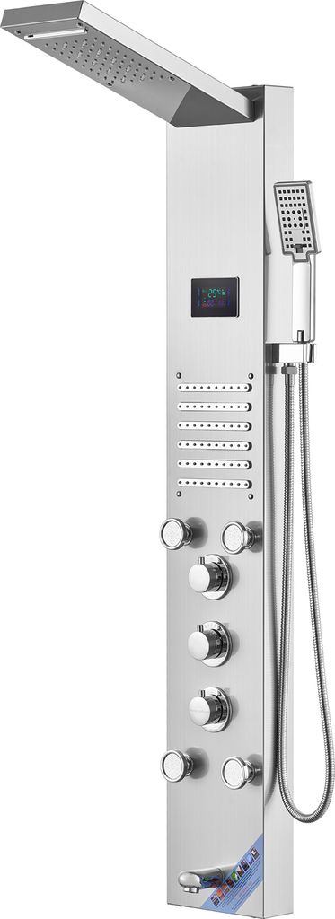 A stainless steel shower panel system with multiple shower modes and controls, displayed against a white background.