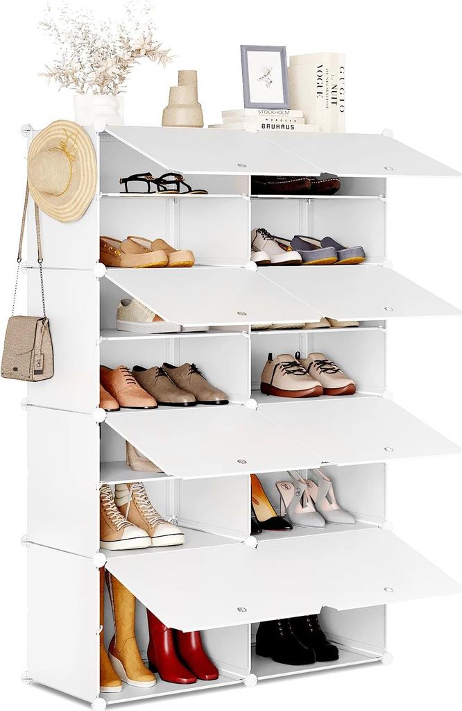 Schuhschrank - Schuhregal/Schuhaufbewahrung - 8 Fächer - 92x142x36,5 cm - Material PP/ABS/Metall - Tür 35x45 cm - Tragkraft 2 kg pro Ebene - Weiß