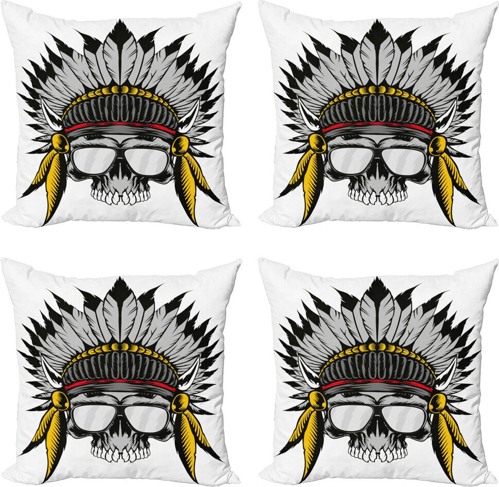 ABAKUHAUS Schädel Kissenbezug Set (4 Stück), Tribe Leader-Feder-Kopf, Moderner Doppelseitiger Digitaldruck, 60 cm x 60 cm, Grau, Gelb und Rot