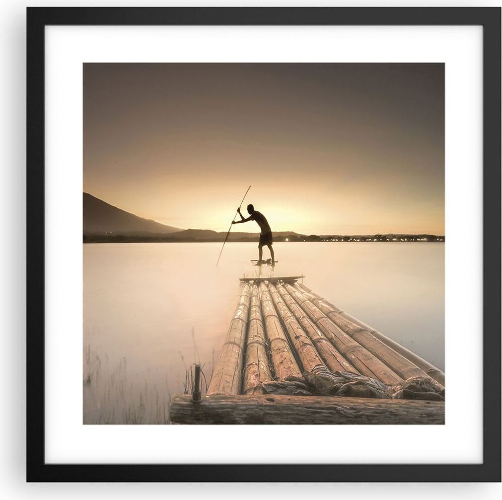 Gerahmtes Poster - Schwarzer Rahmen - Floß Westen die Sonne - 40x40 cm - Wand Bild - Wanddeko - Wandbilder - Kunstposter - Wandposter - Bilderrahm...