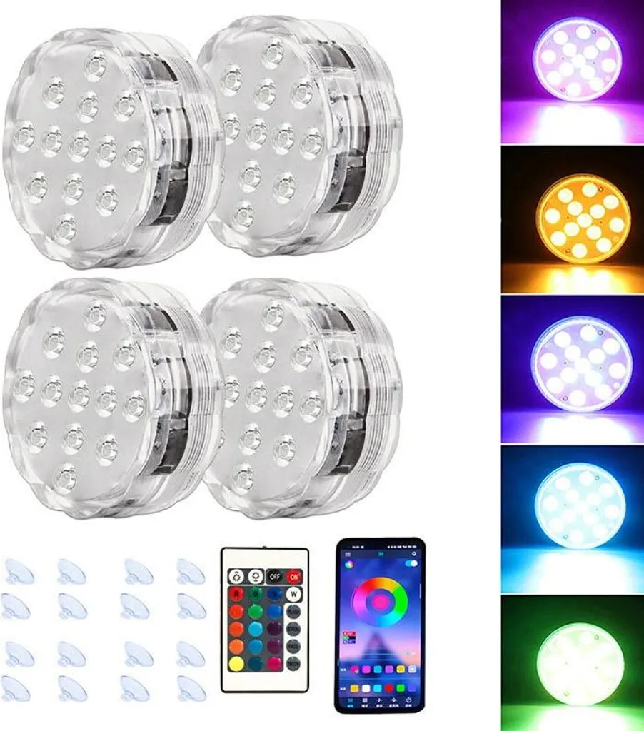 Luci LED Piscina con Ventosa APP e Telecomando - Set 4 Pezzi IP68 - 1