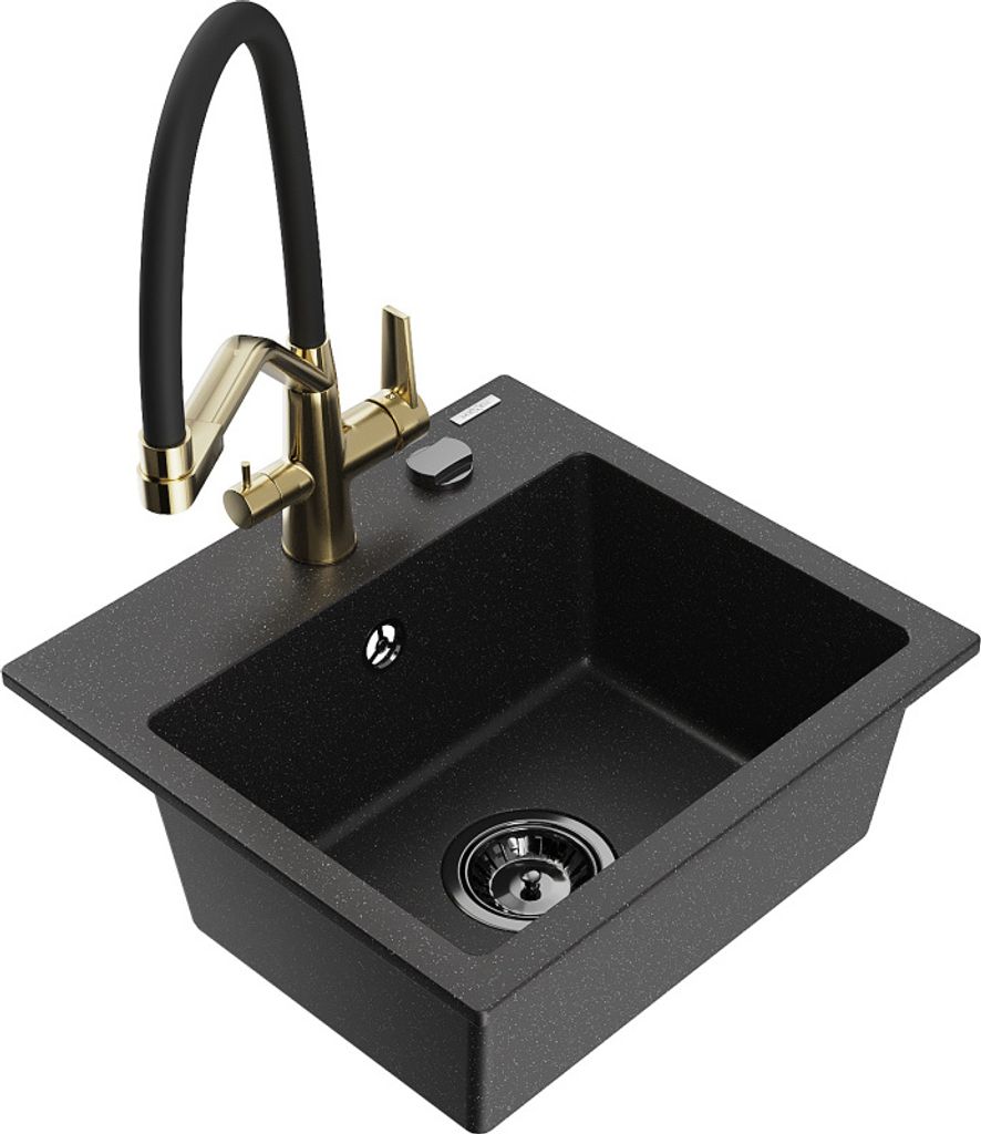 Mexen Milo 1-Becken-Granitspüle mit Mischbatterie Duo, Schwarz/Silbermetallic - 6505-73-671701-57-B