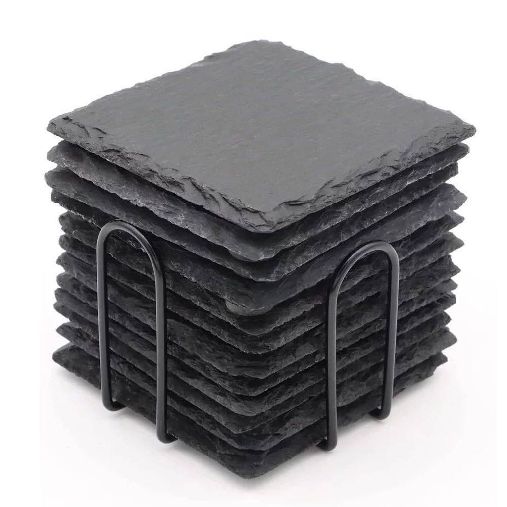 MODFU Schieferuntersetzer, 12er-Pack, quadratische Glasuntersetzer mit Ständer, Schiefertablett für Getränke, Gläser, Tassen, Bars