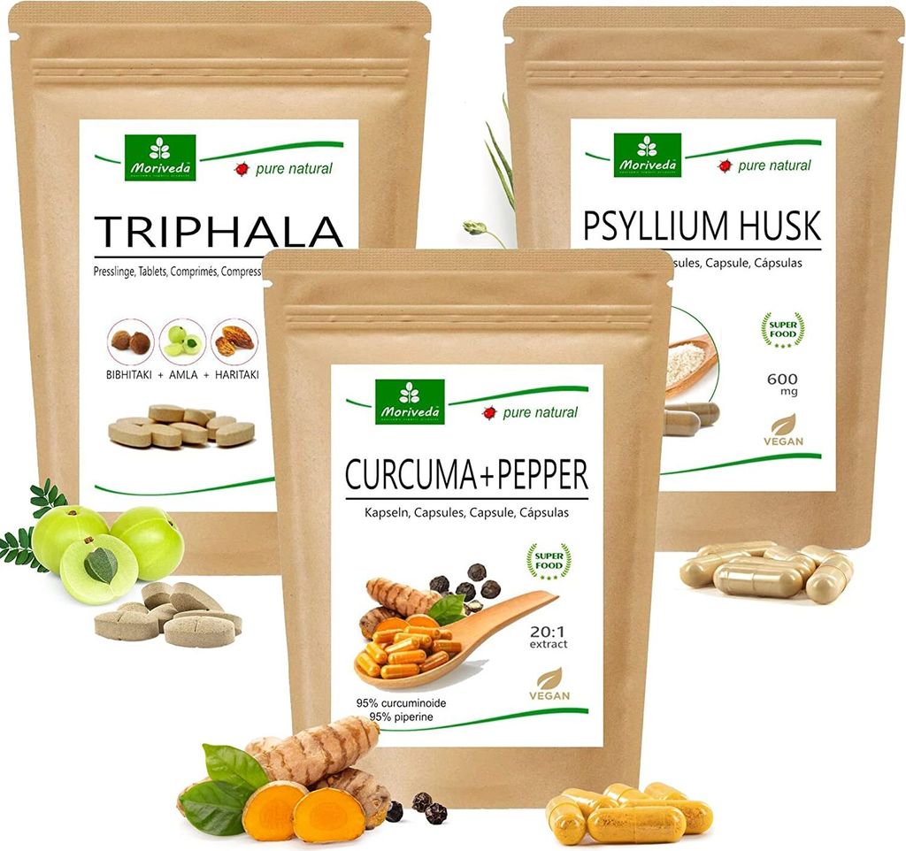 MoriVeda Darmfit Produktpaket | Triphala Tabletten, Flohsamenschalen Kapseln (Psyllium Husk), Curcuma+Pepper Kapseln | Vegan I Ballaststoffe, Antio...