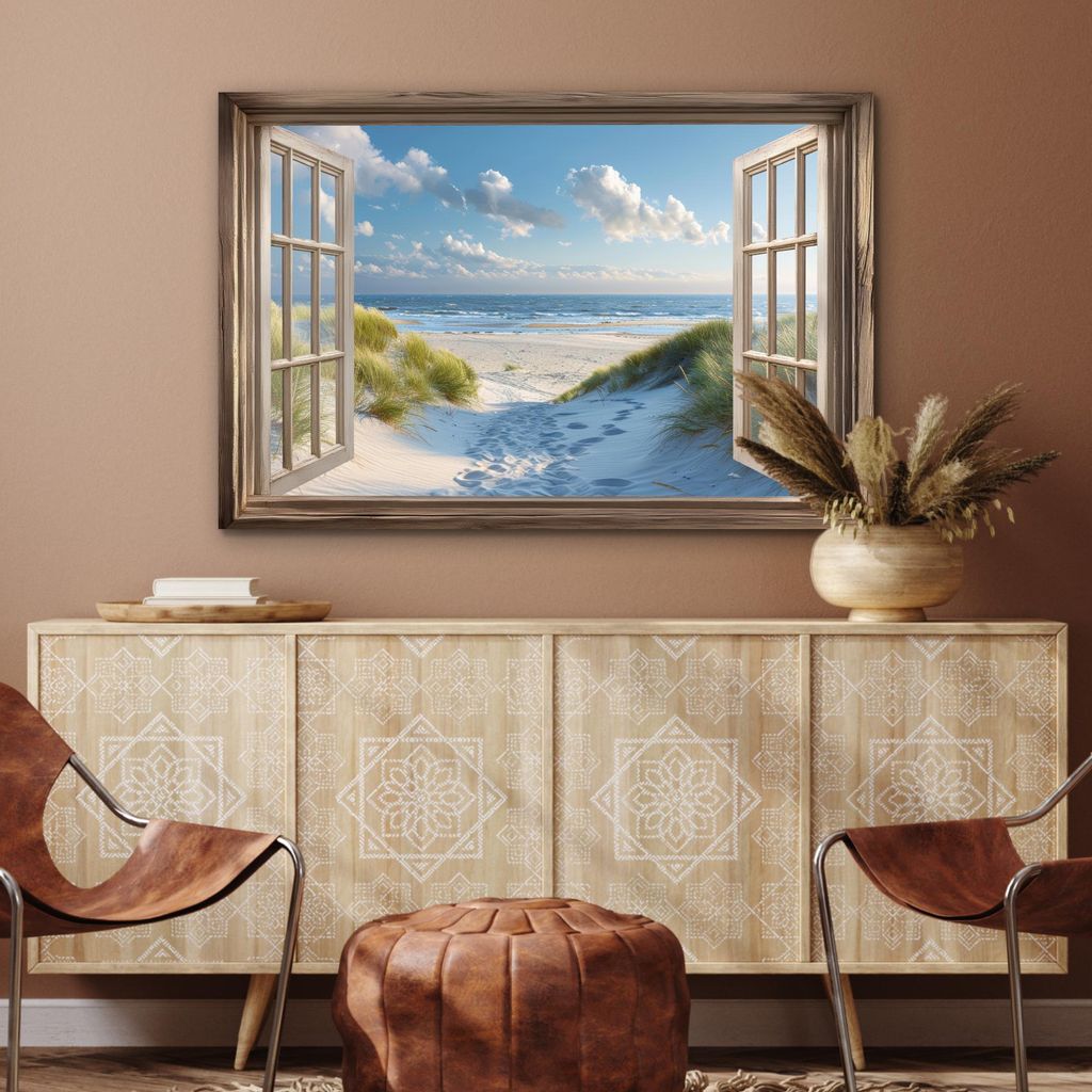 MuchoWow Wanddekoration Metall Metallbild Wandkunst 90x60 cm Aussicht - Strand - Fenster - Dünen - Meer MuchoWow Aluminium Gemälde - Wandbilder