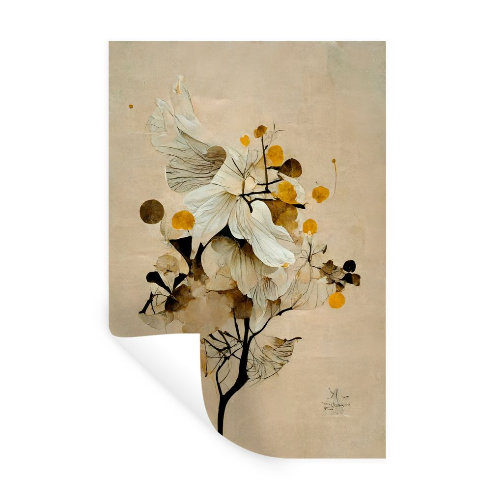 MuchoWow Wandtattoo Wandsticker Wandaufkleber Blumen - Pflanzen - Gold - Vintage 80x120 cm Selbstklebend und Repositionierbar - Repositionierbar ...
