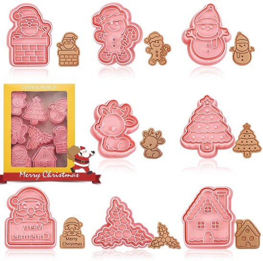 Weihnachtsplätzchenformen, 3D, Kunststoff, rosa, 8-teilig
